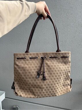 Dooney & Bourke Beige Monogram Drawstring Tote with Dark Brown Trim